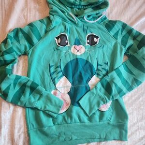 Green Striped Kids Hoodie with Cat Design